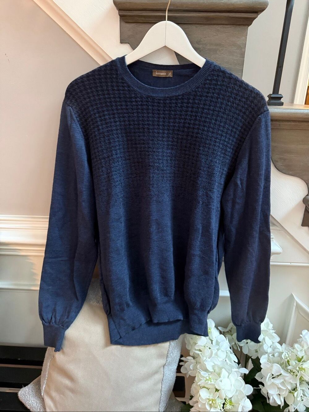 Ferrante Navy & Black Houndstooth 100% Wool Sweater sz L EUC